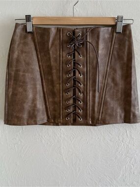 Edikted Brown Lace-Up Faux Leather Mini Skirt Size XS